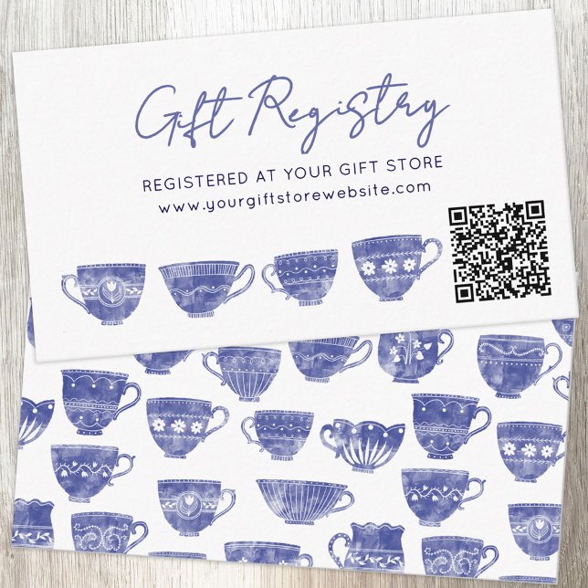 Cartão De Informações Código QR do Registro de Presentes do Chá de Bebê  (Teacup blue white watercolor baby shower tea party themed gift registry QR code enclosure card)