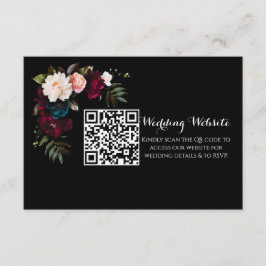 Cartão De Informações Código QR do Site de Casamento Floral Preto Elegan
