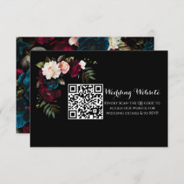 Cartão De Informações Código QR do Site de Casamento Floral Preto Elegan