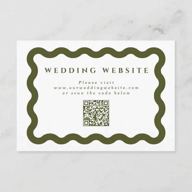 Cartão De Informações Código QR do Site de Casamento Verde e Branco Wavy (Frente)