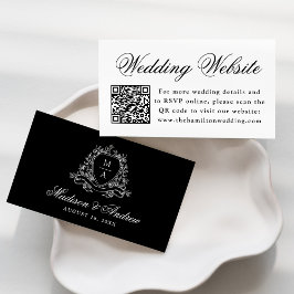Cartão De Informações Código QR do Site de Noiva com Crista Floral Preta