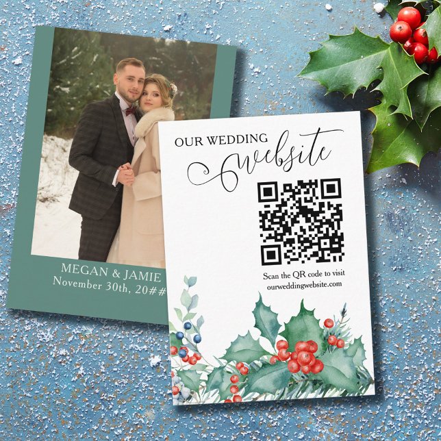 Cartão De Informações Código QR do site do Casamento no inverno Holly Pi (Criador carregado)