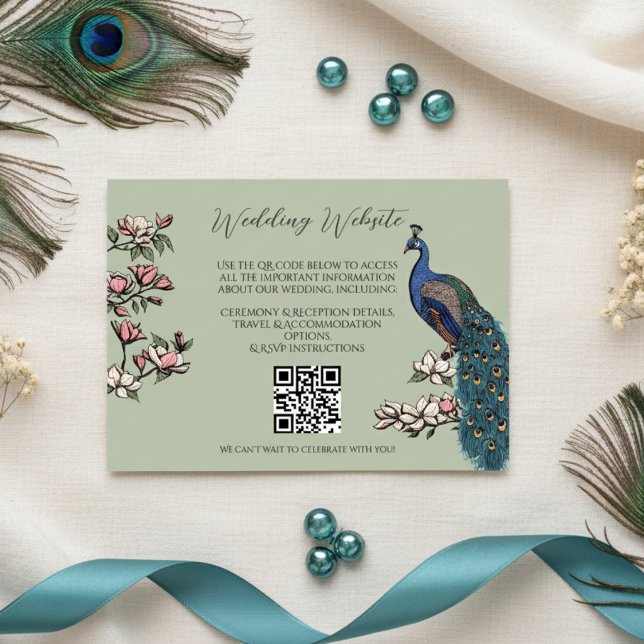 Cartão De Informações Código QR do site do Web Sage Green Bird (Elegant Floral Peacock QR Code Wedding Enclosure Card in Sage Green. Blue & Teal Peacock & Flowers)
