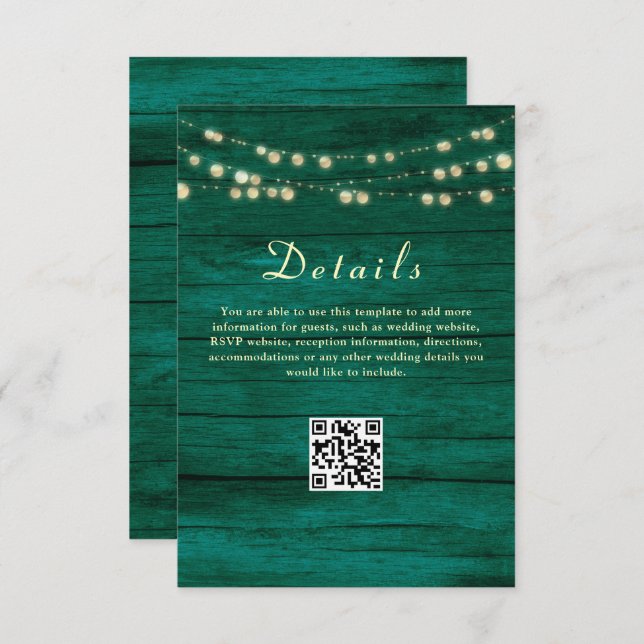 Cartão De Informações Código QR dos Detalhes do Casamento Verde Emerald (Frente/Verso)