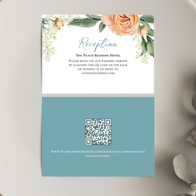 Cartão De Informações Código QR Floral da Recepção de casamento de Pêsse (Wedding reception card with watercolor peach floral design.)