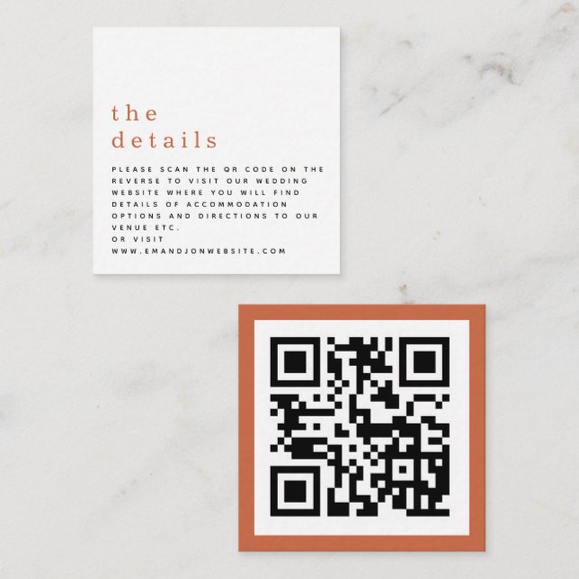 Cartão De Informações Código QR MINI Detalhes do Casamento de Terracota (Frente/Verso)