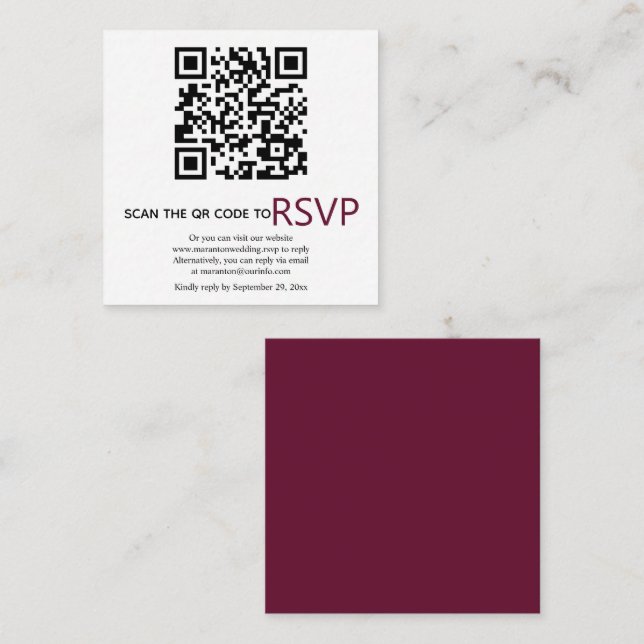 Cartão De Informações Código QR online RSVP casamento de burgundy modern (Frente/Verso)