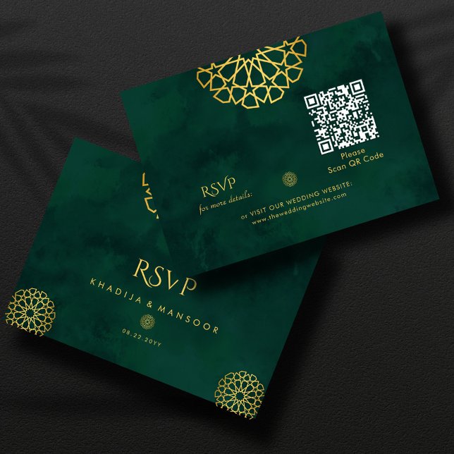 Cartão De Informações Código QR ornamentado dourado esmeralda verde Resp (Criador carregado)