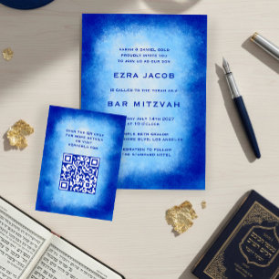 Cartão De Informações Código QR personalizado em aquarela azul para Bar