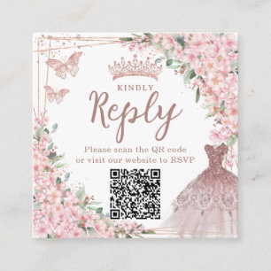Cartão De Informações Código QR Quinceañera Dourado Rosa de Flores de Ce