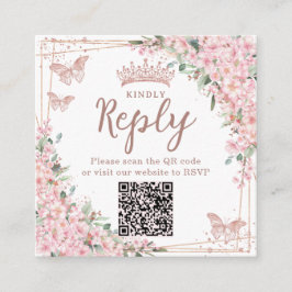 Cartão De Informações Código QR Quinceanera Dourado Rosa Flor de Cerejei
