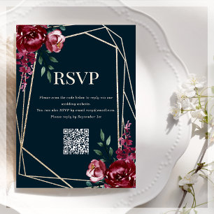 Cartão De Informações Código QR RSVP Azul Marinho Floral Burgundy