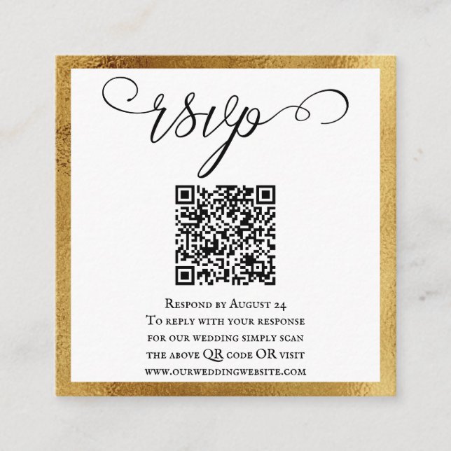 Cartão De Informações Código QR RSVP Casamento Preto Branco Dourado Eleg (Frente)