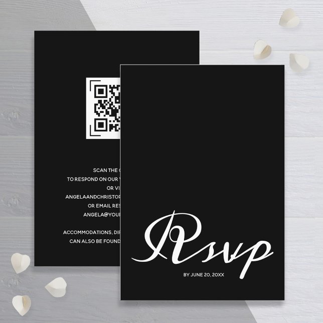 Cartão De Informações Código QR RSVP de Casamento Branco Preto Simples d (Criador carregado)