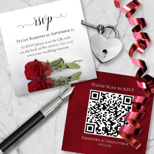 Cartão De Informações Código QR RSVP de Casamento de Rosa vermelha Român