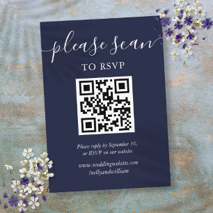 Cartão De Informações Código QR RSVP de Casamento de Script Azul do mari