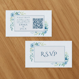 Cartão De Informações Código QR RSVP de Casamento Floral Azul bonito