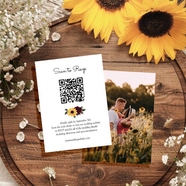 Cartão De Informações Código QR RSVP de Casamento Russo de Girassol e Ro (Criador carregado)