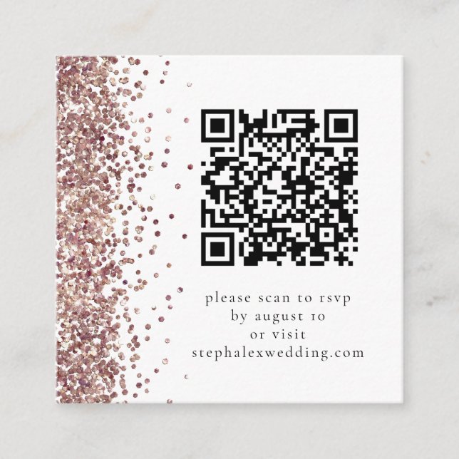 Cartão De Informações Código QR RSVP de Código de Glitter Dourado rosa (Frente)
