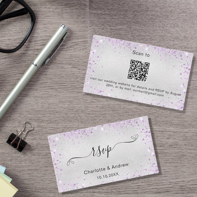 Cartão De Informações Código QR RSVP do site de casamento da Silver roxo (Criador carregado)