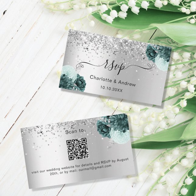 Cartão De Informações Código QR RSVP do site de casamento verde da Silve (Criador carregado)
