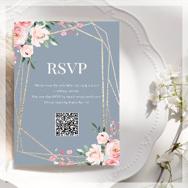 Cartão De Informações Código QR RSVP | Floral Azul Empoeirado Blush