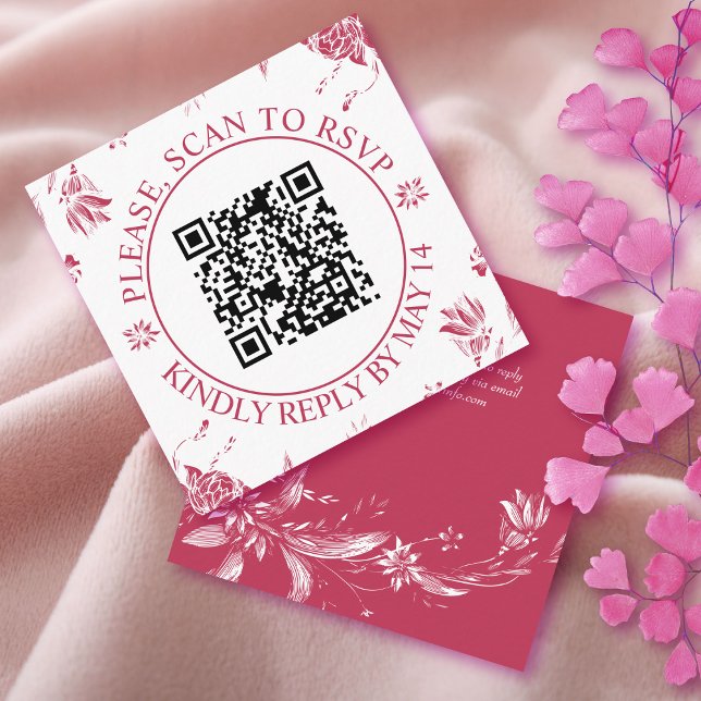 Cartão De Informações Código QR RSVP, flores magenta casamento floral (Criador carregado)