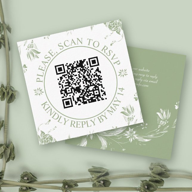 Cartão De Informações Código QR RSVP, flores verdes sage, casamento flor (Criador carregado)