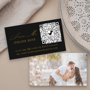 Cartão De Informações Código QR RSVP Online de Foto Casamento Preto Dour