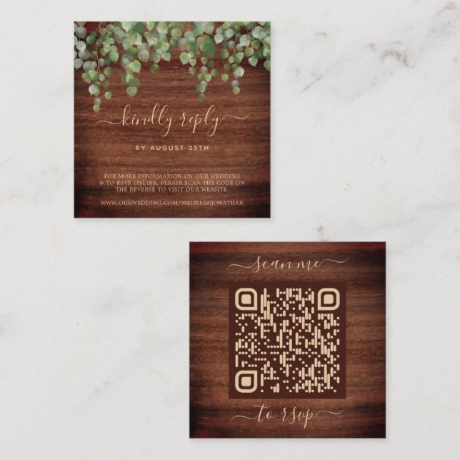 Cartão De Informações Código QR Rustic Eucalyptus Greenery Casamento RSV (Frente/Verso)