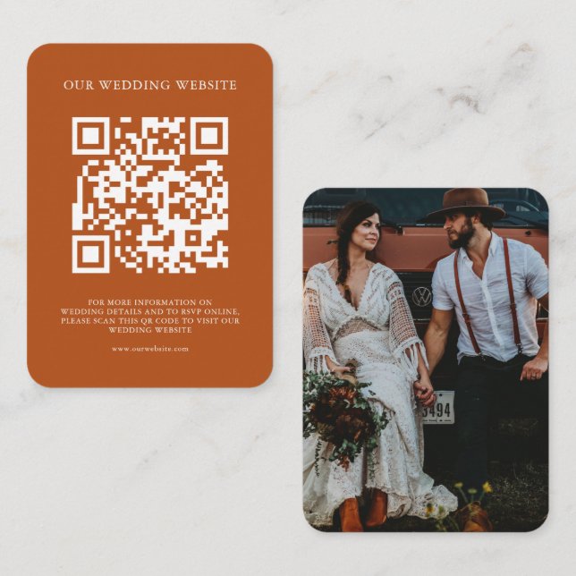 Cartão De Informações Código QR Simples Bohemian Terracotta Foto Casamen (Frente/Verso)