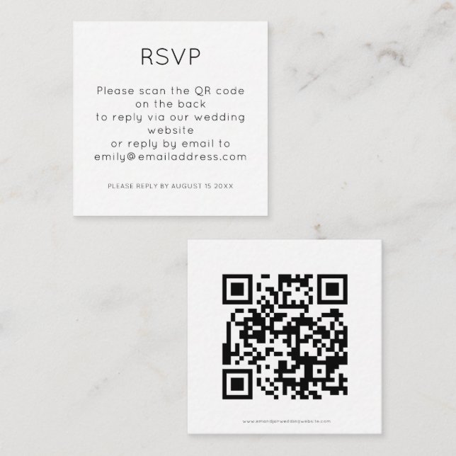 Cartão De Informações Código QR Simples - RSVP de Casamento Branco Preto (Frente/Verso)