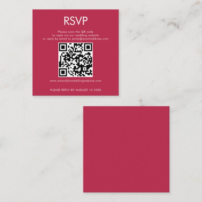 Cartão De Informações Código QR Simples RSVP de Casamento Magenta (Frente/Verso)