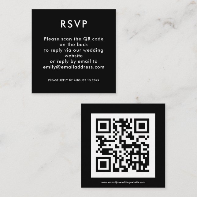 Cartão De Informações Código QR Simples - RSVP de Casamento Preto Branco (Frente/Verso)