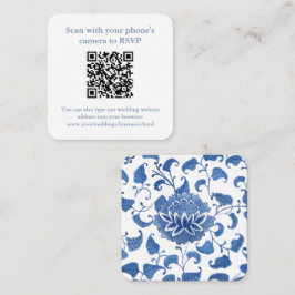 Cartão De Informações Código QR Vaso Chinês Branco e Azul Casamento RSVP