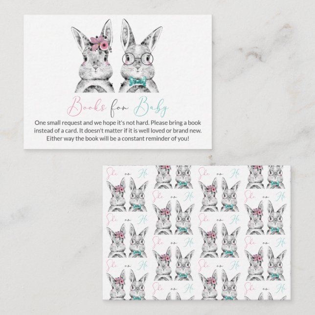 Cartão De Informações Coelhinhos Azuis Rosa Gênero Revelam Livros para B (Frente/Verso)