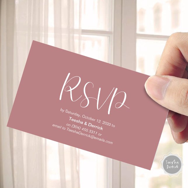 Cartão De Informações Confirmação de Casamento, responder, Script Minima (Wedding RSVP, respond, Minimalist Script Enclosure Card, in dusty Rose themed)