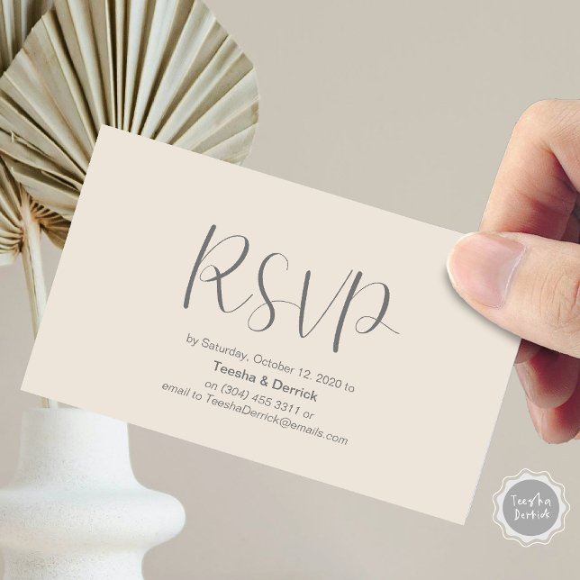 Cartão De Informações Confirmação de Casamento, responder, Script Minima (Wedding RSVP, respond, Minimalist Script Enclosure Card, in dark grey and cream themed)