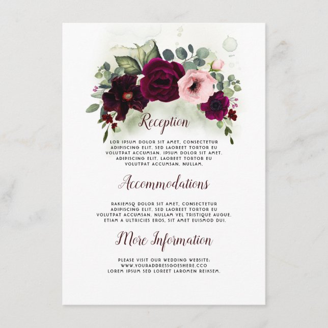 Cartão De Informações Convidado de Detalhes do Casamento Floral Burgundy (Frente)