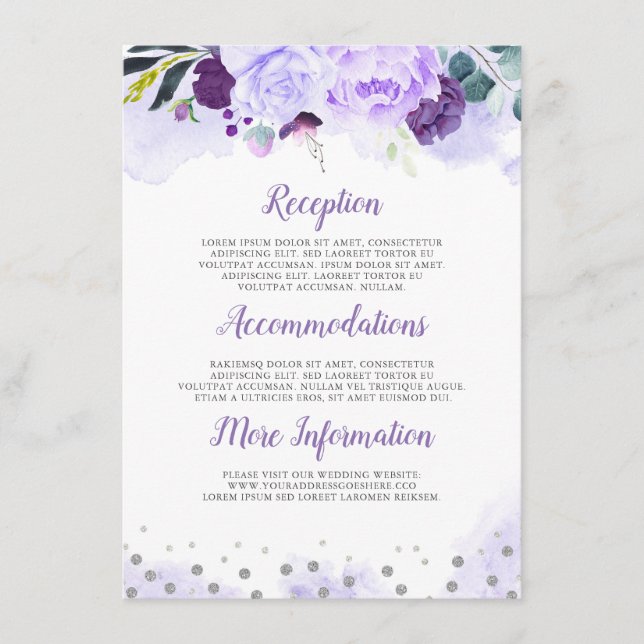 Cartão De Informações Convidado de Informações de Casamento Floral Roxo (Frente)