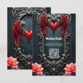 Cartão De Informações Coração Alado Carmesim  Romance Gótico Elegante . 