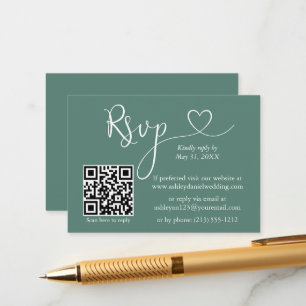 Cartão De Informações Coração de Caligrafia Casamento QR RSVP Eucalipto