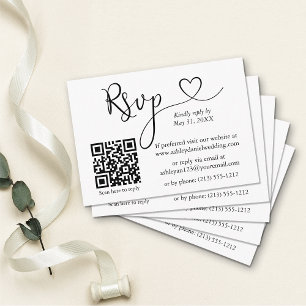 Cartão De Informações Coração de Caligrafia Moderna QR Casamento RSVP