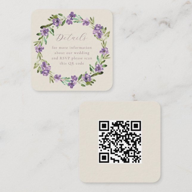 Cartão De Informações Coroa Botânica Roxa Código QR Casamento (Frente/Verso)