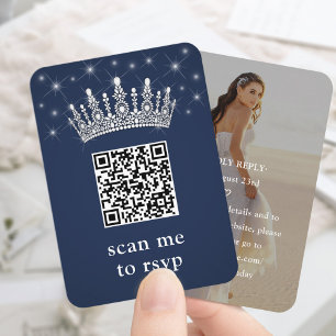 Cartão De Informações Coroa de Quinceañera Azul Marinho & Estrelas QR RS