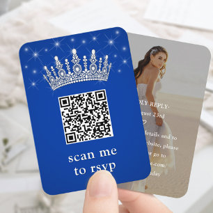 Cartão De Informações Coroa de Quinceañera Azul Real e Estrelas QR RSVP