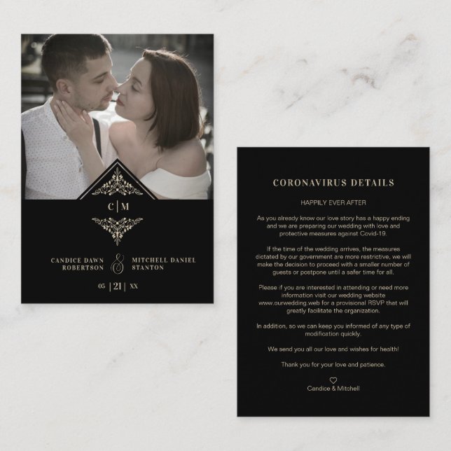 Cartão De Informações Covi19 Wedding Initials Flourish Sophisticated (Frente/Verso)