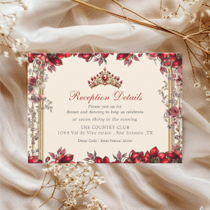 Cartão De Informações Cream e Vermelho Tiara Floral Dourada Quinceañera