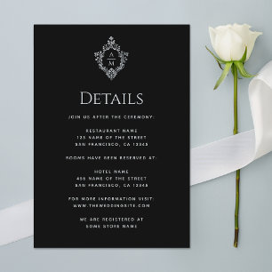 Cartão De Informações Crest Black Wedding Details Vintage Monograma