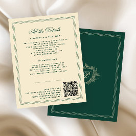 Cartão De Informações Crest monograma vintage QR casório verde esmeralda